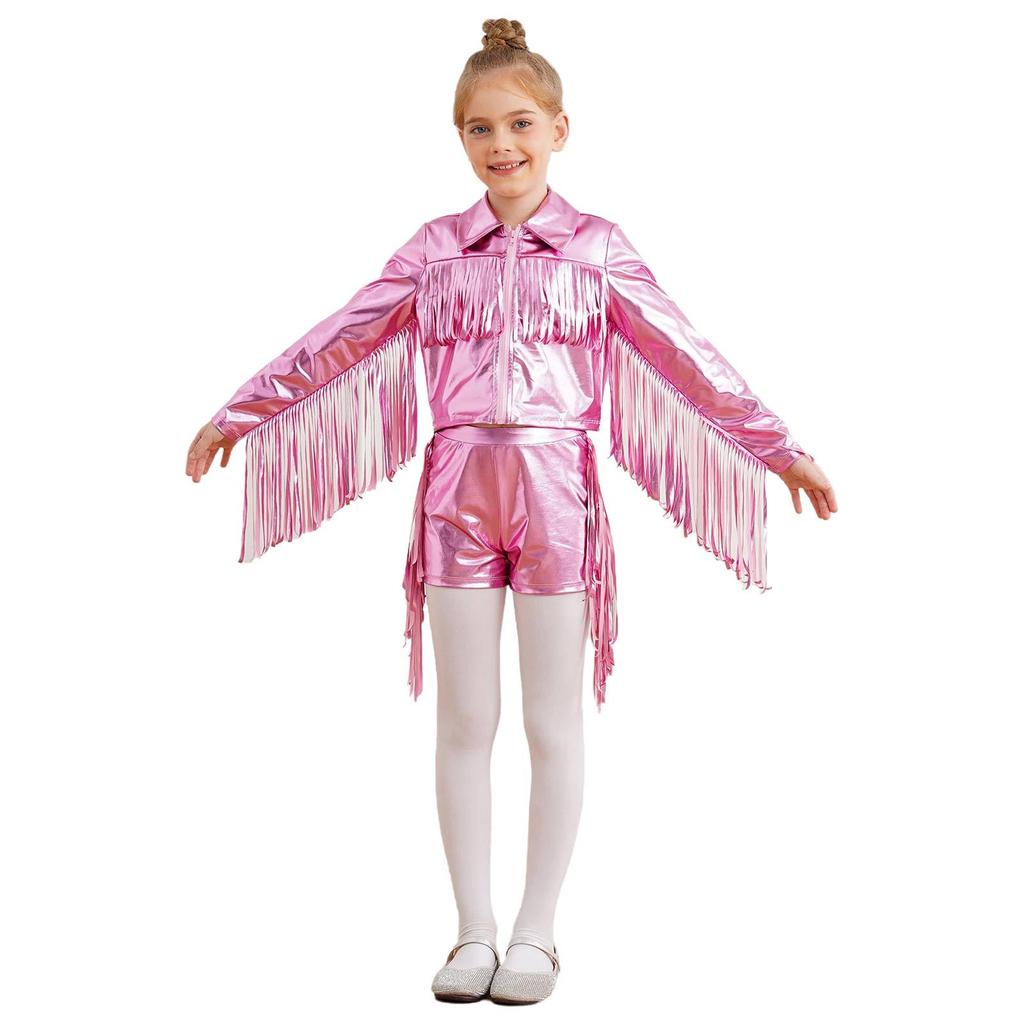 Mädchen Tanzjacke Quasten Fransen Metallic Top Umlegekragen Langarm Reißverschluss Glänzende Jacke Shorts