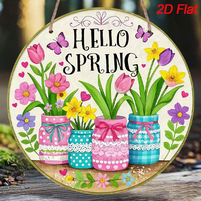 

2D Flat Aluminum Hello Spring Door Sign for Front Door, Round Hanging Plaque with Mason Jar & Tulip Flower Design, Rustic Farmhouse Porch Wall Decor 1pc