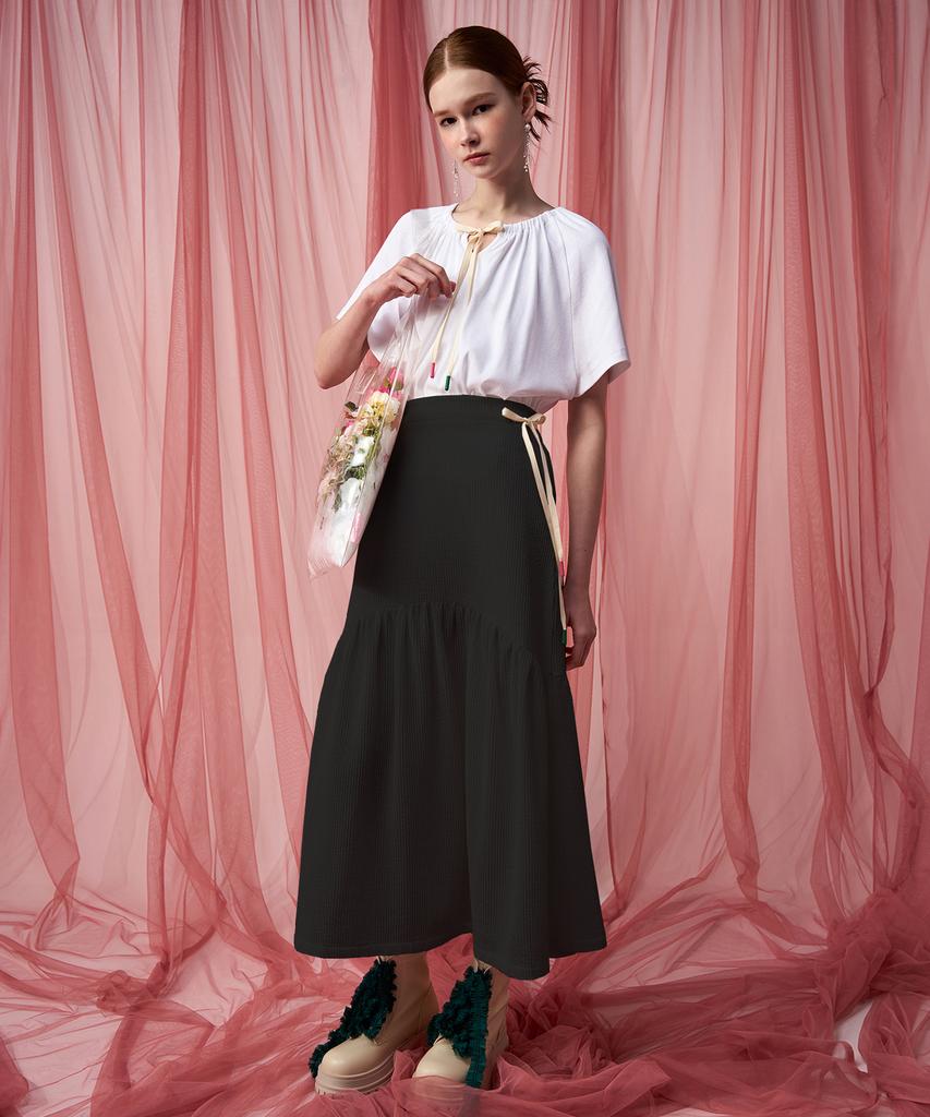 Pelimela Seersucker Flare Long Skirt (Black)