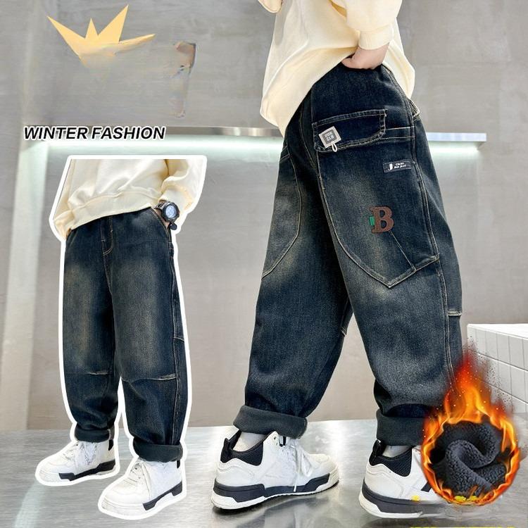Jeans Termici Autunno Inverno da Cowboy per Ragazzo Grande Pantaloni di Tessuto Denim High Street Jeans Retro Blu Caldi Larghi Imbottiti Pantaloni per Bambini