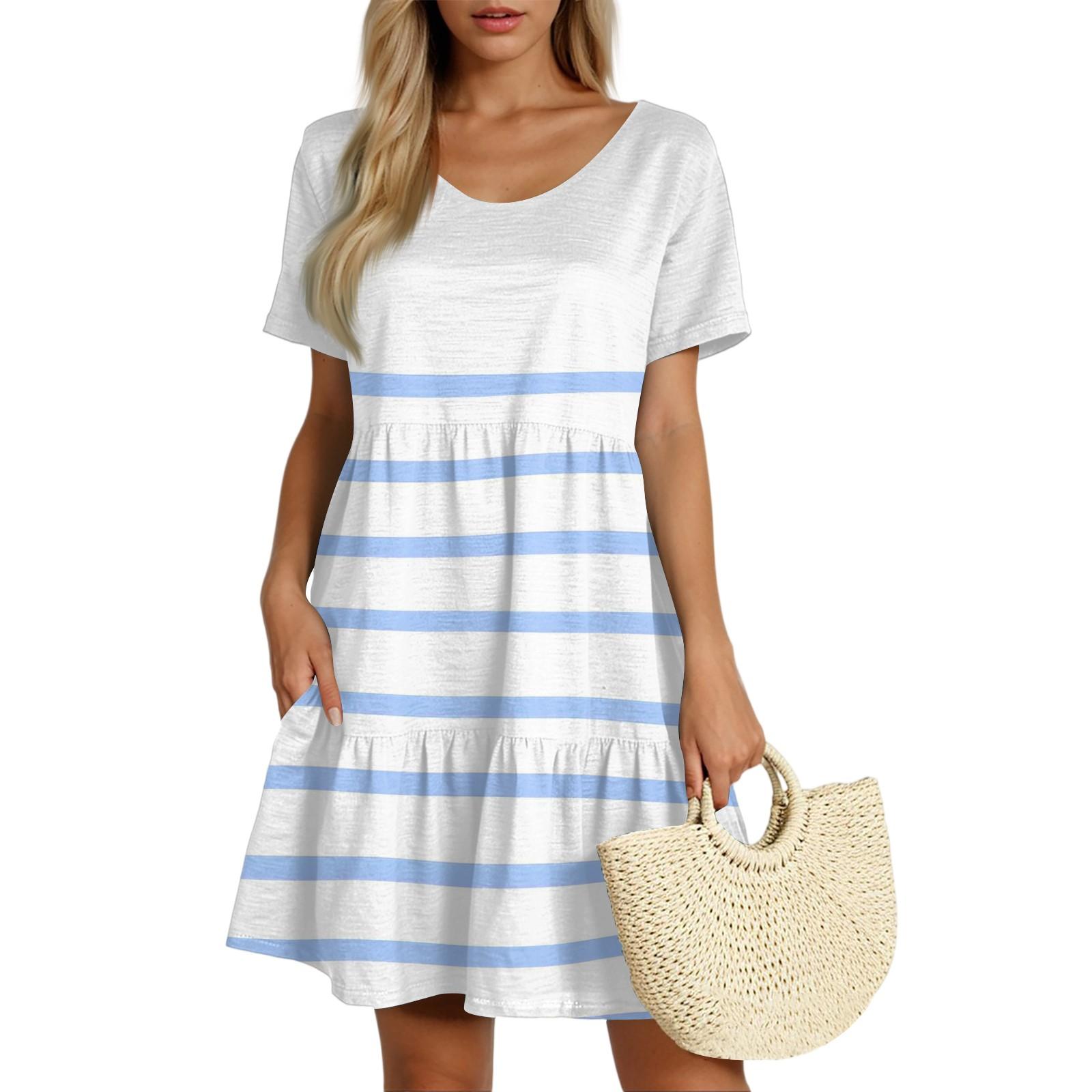 

Women s Casual Fashion Round Neck Short Sleeve Striped Print Cake Skirt M