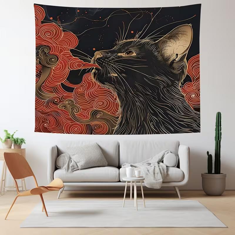 2D Mystische Schwarze Katze Wandteppich, Japanische Ästhetik Rote Wolken Wandkunst für Zuhause