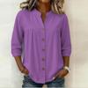 Women Casual Solid Color V Neck Button Down Three Quarter Sleeve Blouse Lightweight Loose Fit Shirt for Everyday Wear