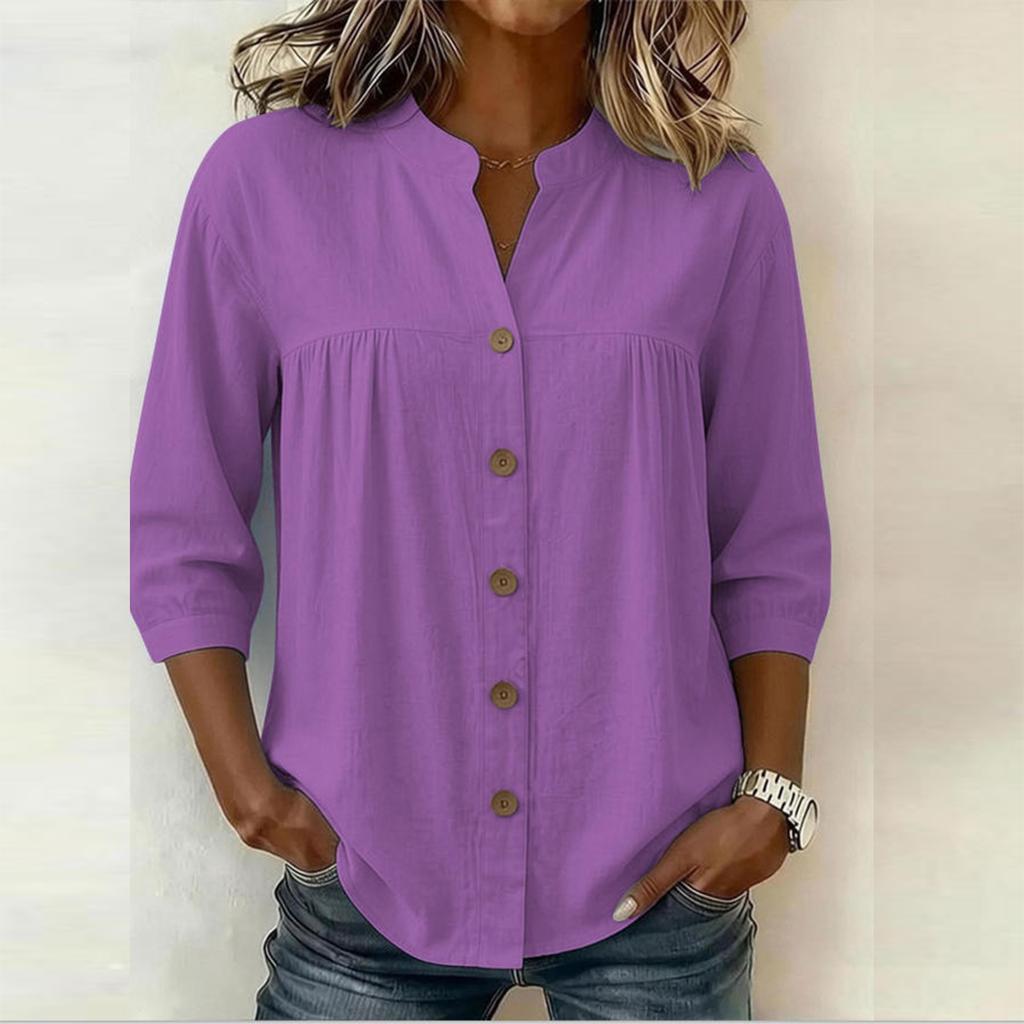 Women Casual Solid Color V Neck Button Down Three Quarter Sleeve Blouse Lightweight Loose Fit Shirt for Everyday Wear