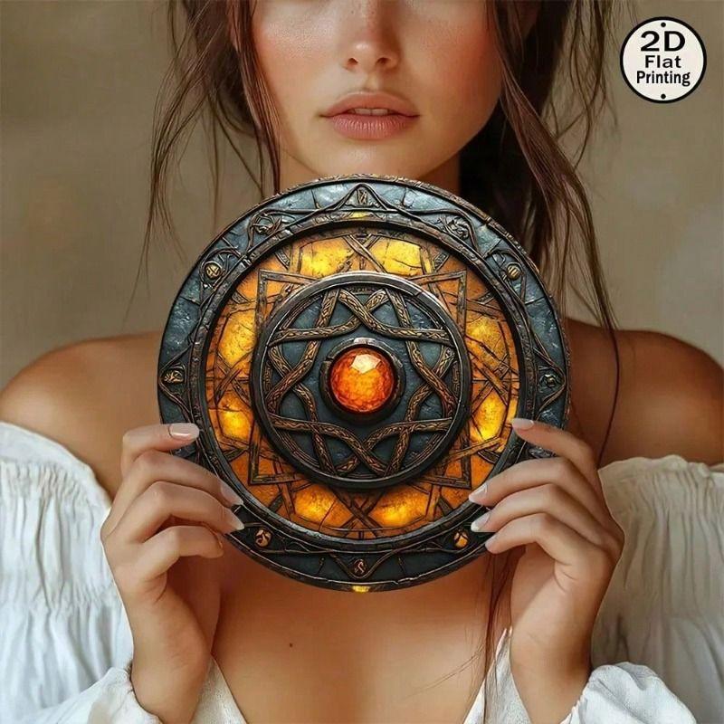 

Metal Poster Wall Art Vintage Round Sign Mystic Symbols Home Protection Shield Reusable Gift for Cafe