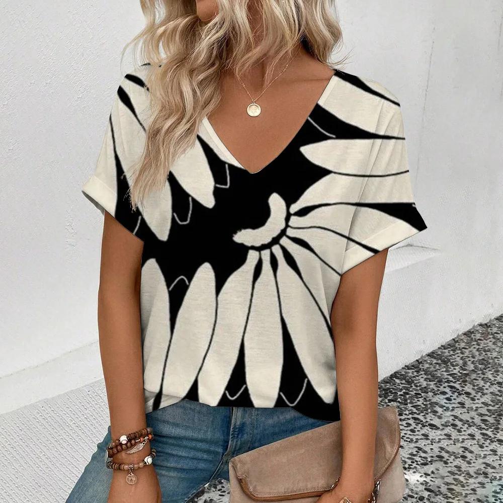 New Summer Women Fashion T-Shirt Retro Floral Printing V-Neck Tops Tees Female Outdoor Short Sleeve Clothing Lady Vintage Outfit