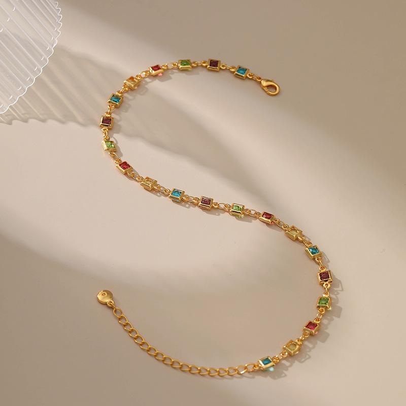 Gold Plated Stainless Steel Multi-Color Square CZ Anklet