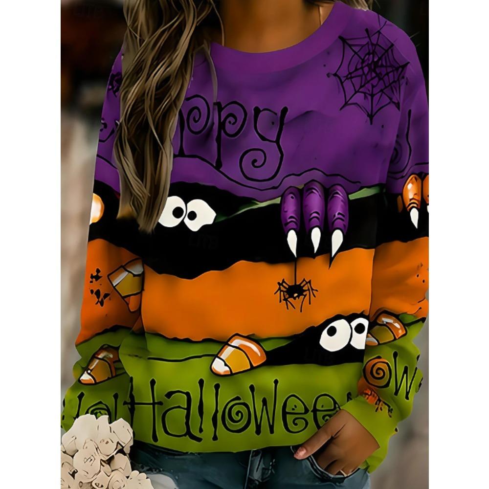 Tops for Women Halloween Print Round Neck Long Sleeve T-shirt Fall Casual Slim Pullover Women's Long Sleeve Top
