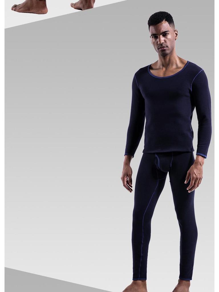 Thermounterwäsche-Set für Herren: Rundhals, V-Ausschnitt, Samtgefüttert, Kältefest, Herbst/Winter Baumwollpullover und Hose.