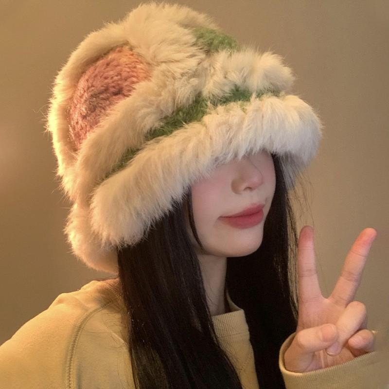 

Colorful Rabbit Fur Fisherman Hat Women s Winter Hand-knitted Woolen Hat Warm Furry Hat Showing Face Small Plush Hat бежевый