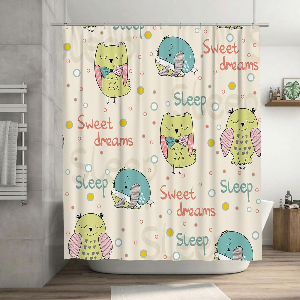 Colorful Owl Friends Shower Curtain Sweet Dreams Sleep Decor for Bathroom Polyester Fabric with Hooks Set 72x84in Modern Cartoon