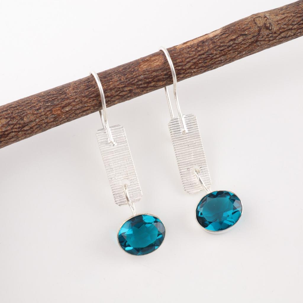 Blue Apatite Gemstone 925 Stamped Silver Designer Jewelry Handmade Earrings 1.9" EE-168-13