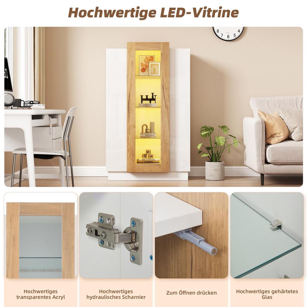 120cm, Transparente Vitrine Hochglanz LED, Bücherschrank 3 Türen & 3 Glasablagen, Hochschränk Standvitrine Wohnzimmer Schlafzimmer Büro,