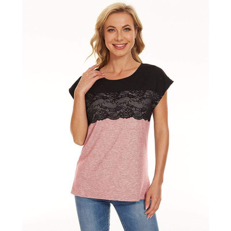 

2022 Lace Stitching Contrast Color Short-sleeved T-shirt Top Pink L