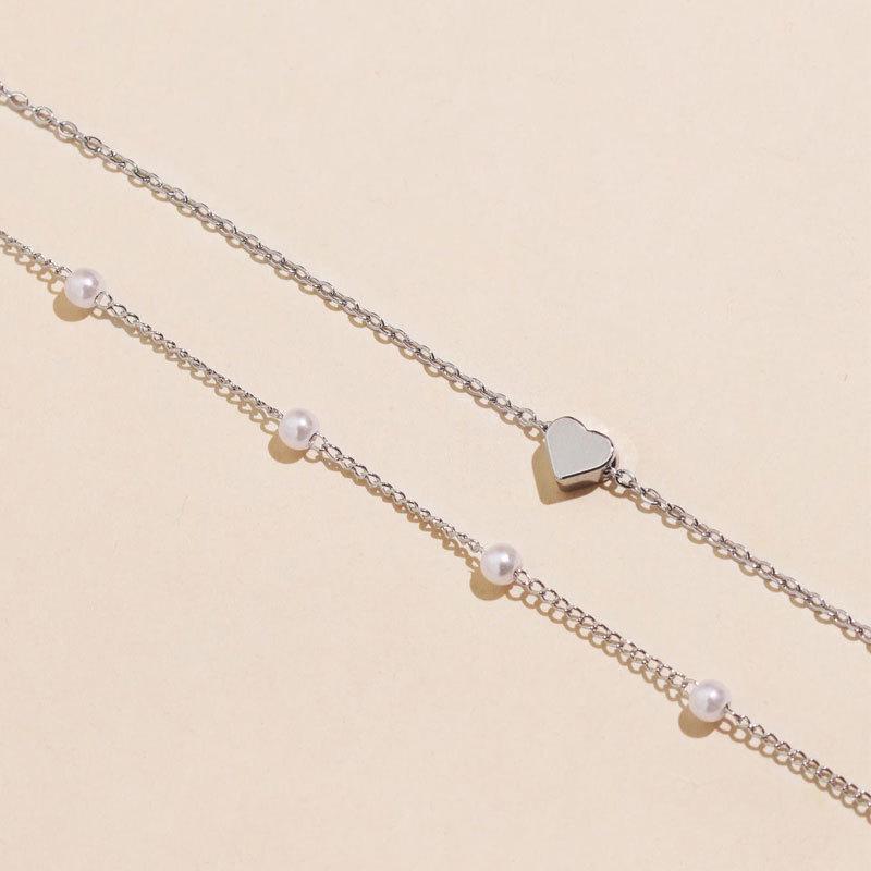 Double-Layer Heart Pendant Pearl Choker Necklace for Women