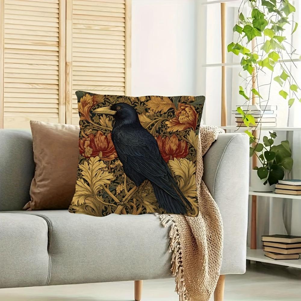 1Pc William Morris Moody Rook Victorian Floral Bird Print Pillow Cover - 18X18 Inch Luxury Short Plush Case With Golden Foliage