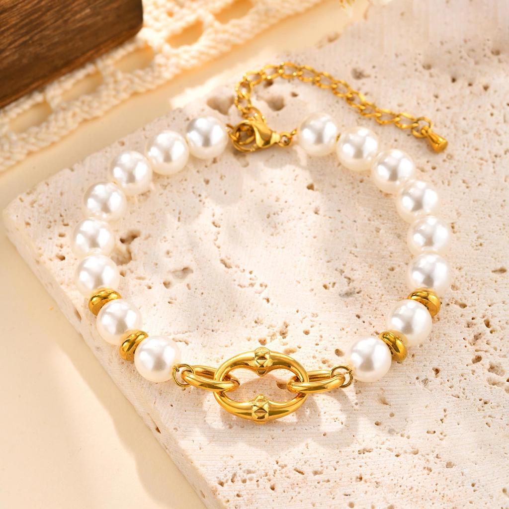 Fashion Personality Stainless Steel Rivet Oval Imitation Pearl Bracelet Gold Ladies Accessories 2399