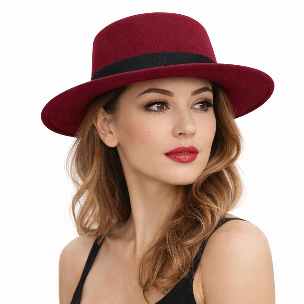Solid Color Men's Felt Hat British Style Women Jazz Hat Woolen Flat Top Hat Church Events