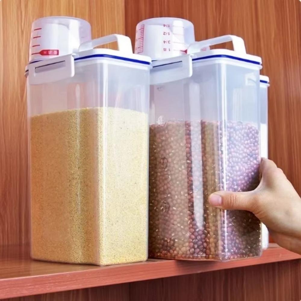 Transparent Kitchen Cereals Storage Box Sealed with Measuring Cup Food Storage Containers Moisture Proof Rotary Lid