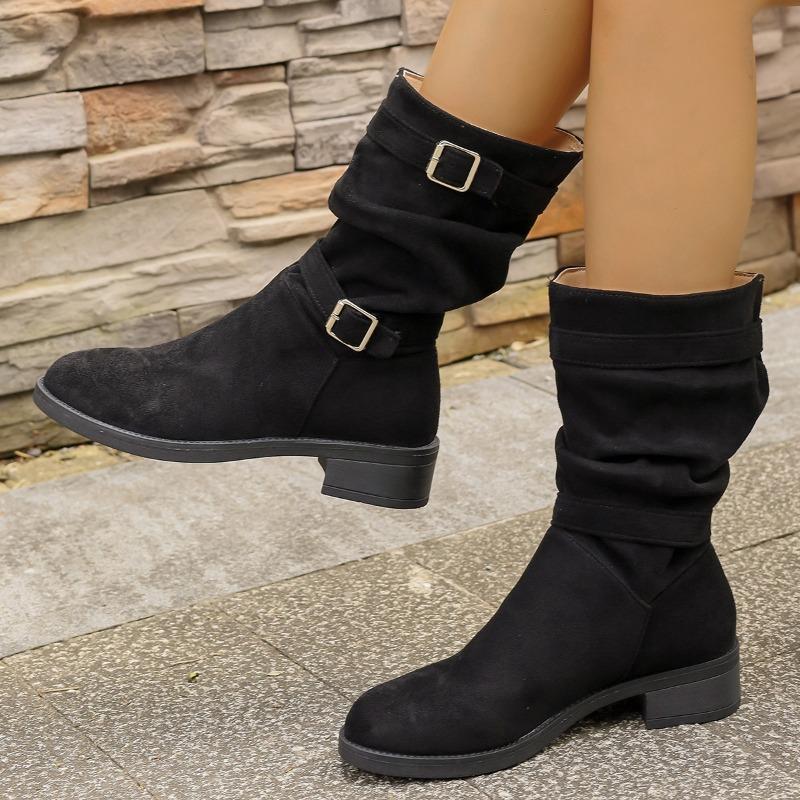 Block Heel Suede Mid-Tube Boots Women's Autumn New Pointed Toe Metal Buckle Soft Slip Stack Boots