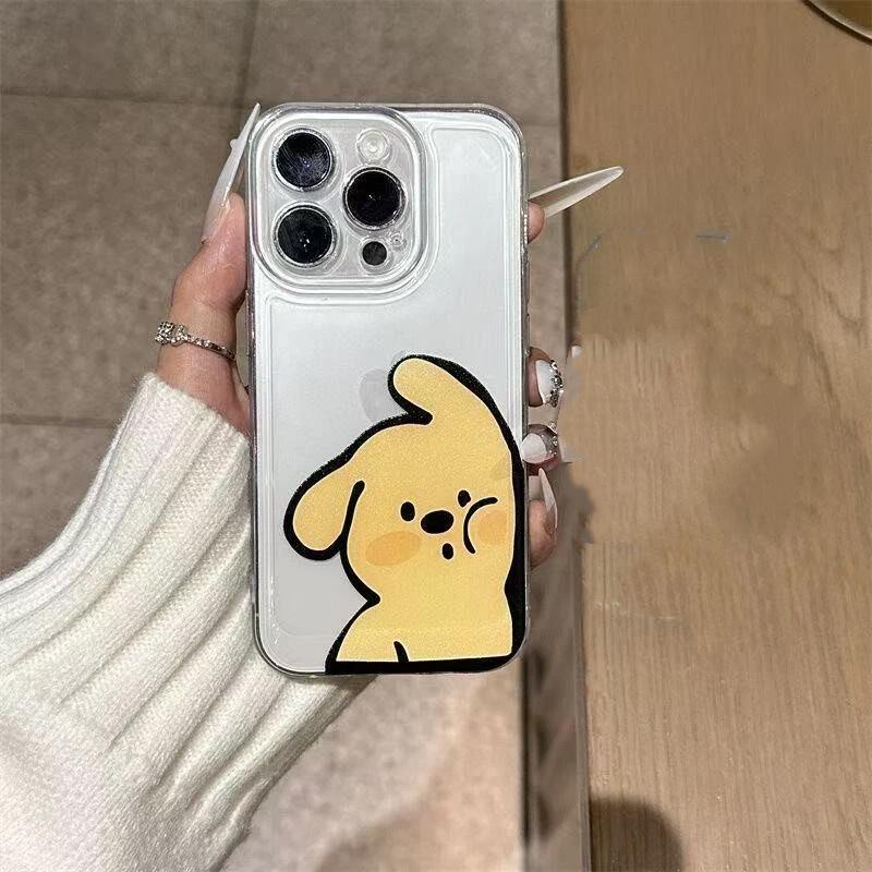 

Cute Couple Matching Clear Phone Case, Kawaii Dog & Rabbit Peeking Shockproof Transparent Cover for iPhone iPhone 13 PRO MAX чёрный