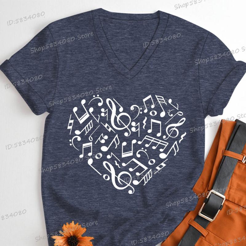 Womens T Shirt Music Notes Heart Print Short Sleeve Daily V Neck Tshirt Music Teacher Gift Tees Music Lover Fashion Streetwear