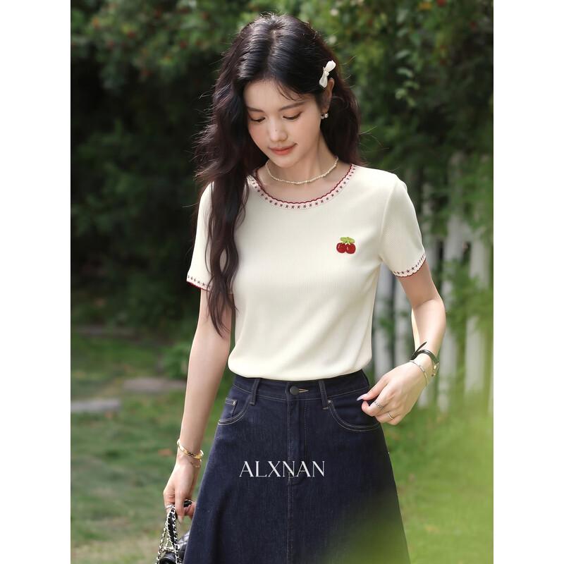 Women s Contrast Trim Round Neck T-Shirt L грязно-белый