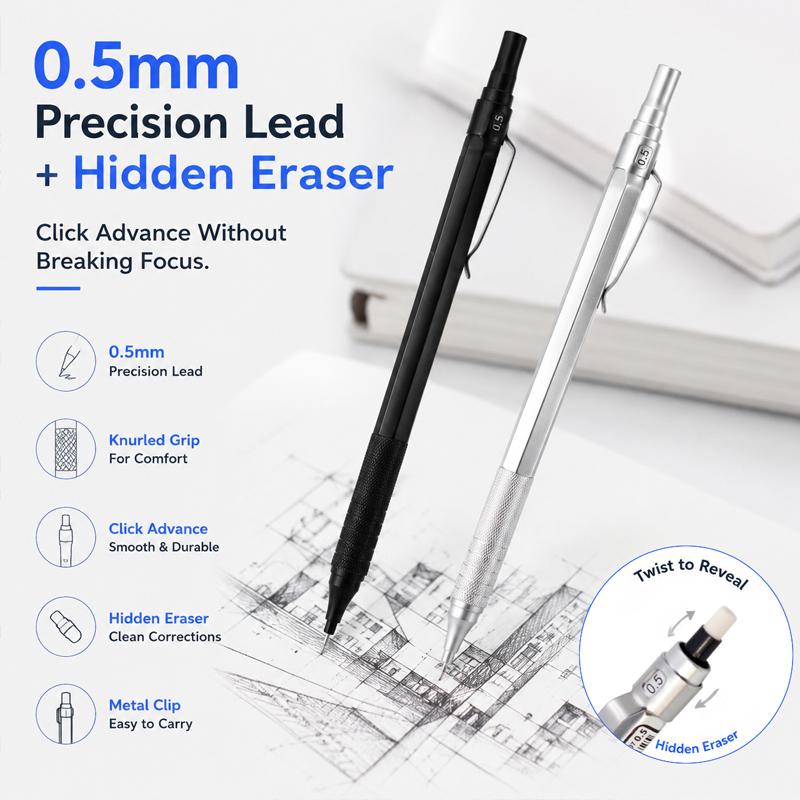 0.5/0.7mm Black/Silver Mechanical Pencil with Leads and Eraser,Automatic Pencil Sketch Painting Office Writing Stationery Supply
