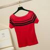 Women's Short Sleeve Knit Top Boat Neck Striped Detail Slim Casual Daily Blouse