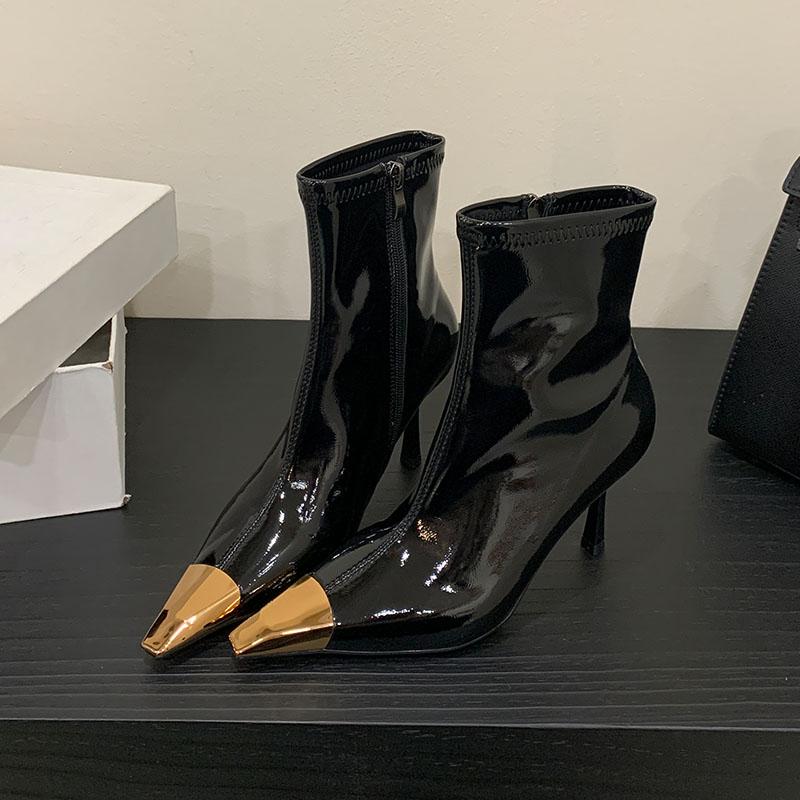 

Модные серебристые модные металлические ботильоны с острым носком и каблуками, обувь на молнии, женские короткие ботинки, женские туфли-лодочки 35 чёрный