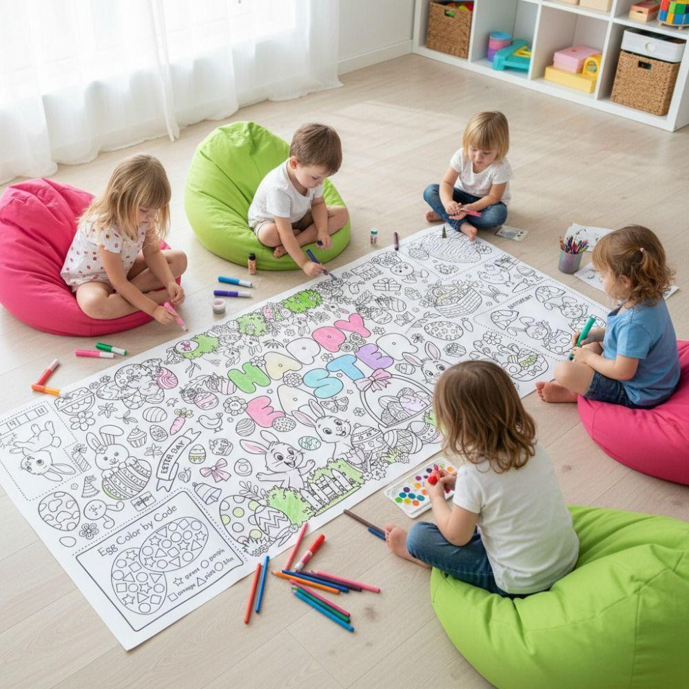 Pôster Gigante de Colorir Páscoa DIY Coelho de Desenho Animado Banner Gigante para Colorir Presente Arte Artesanato Toalha de Mesa de Páscoa