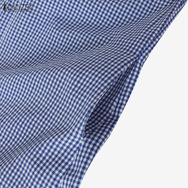 ZANZEA Women Casual Doll Collar Summer Short Sleeve Grid Print Dress