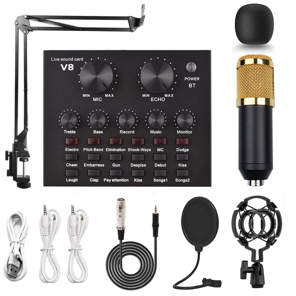 V8 Bluetooth Live Sound Card with BM-800 Microphone Compatibility for Mobile Phones