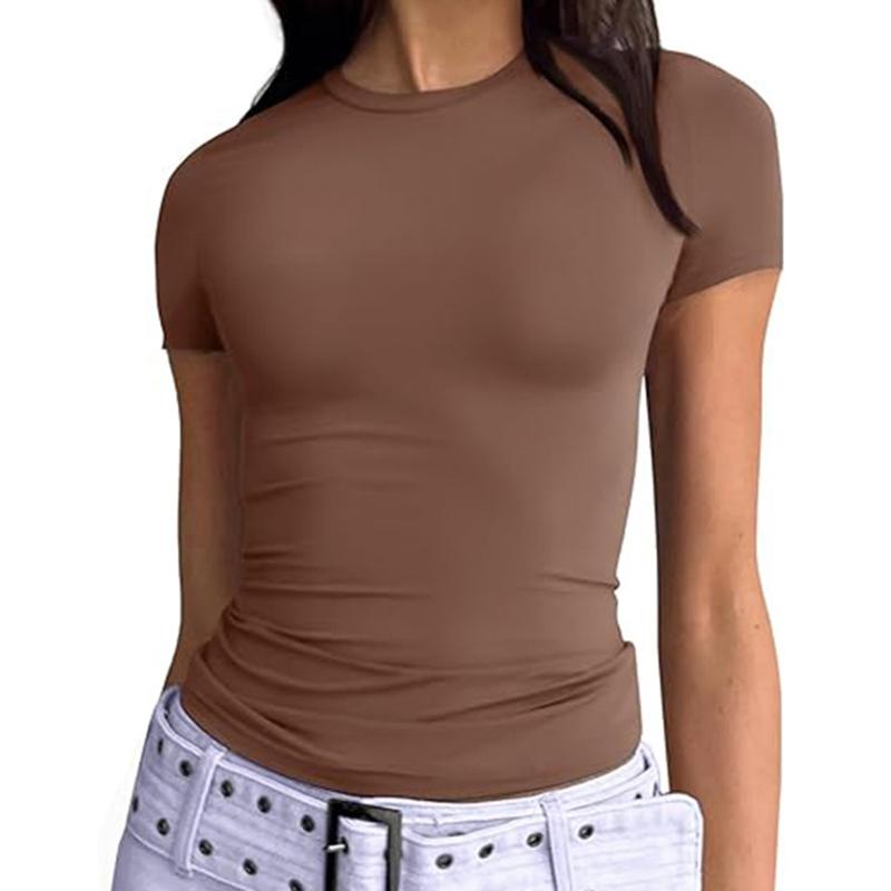 

Женская эластичная облегающая футболка - белый топ для йоги и бега, летняя повседневная футболка с коротким рукавом, сексуальная спортивная футболка с круглым вырезом Y2K Streetwear, дышащая спортивная одежда XL кофейный