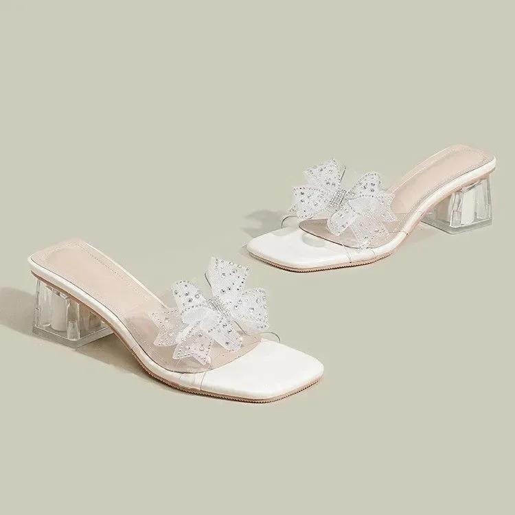 Women Slippers Fashion Square Head Designer High Heel Slippers PVC Transparent Slippers for Women Sweet Bow French Style Slipper