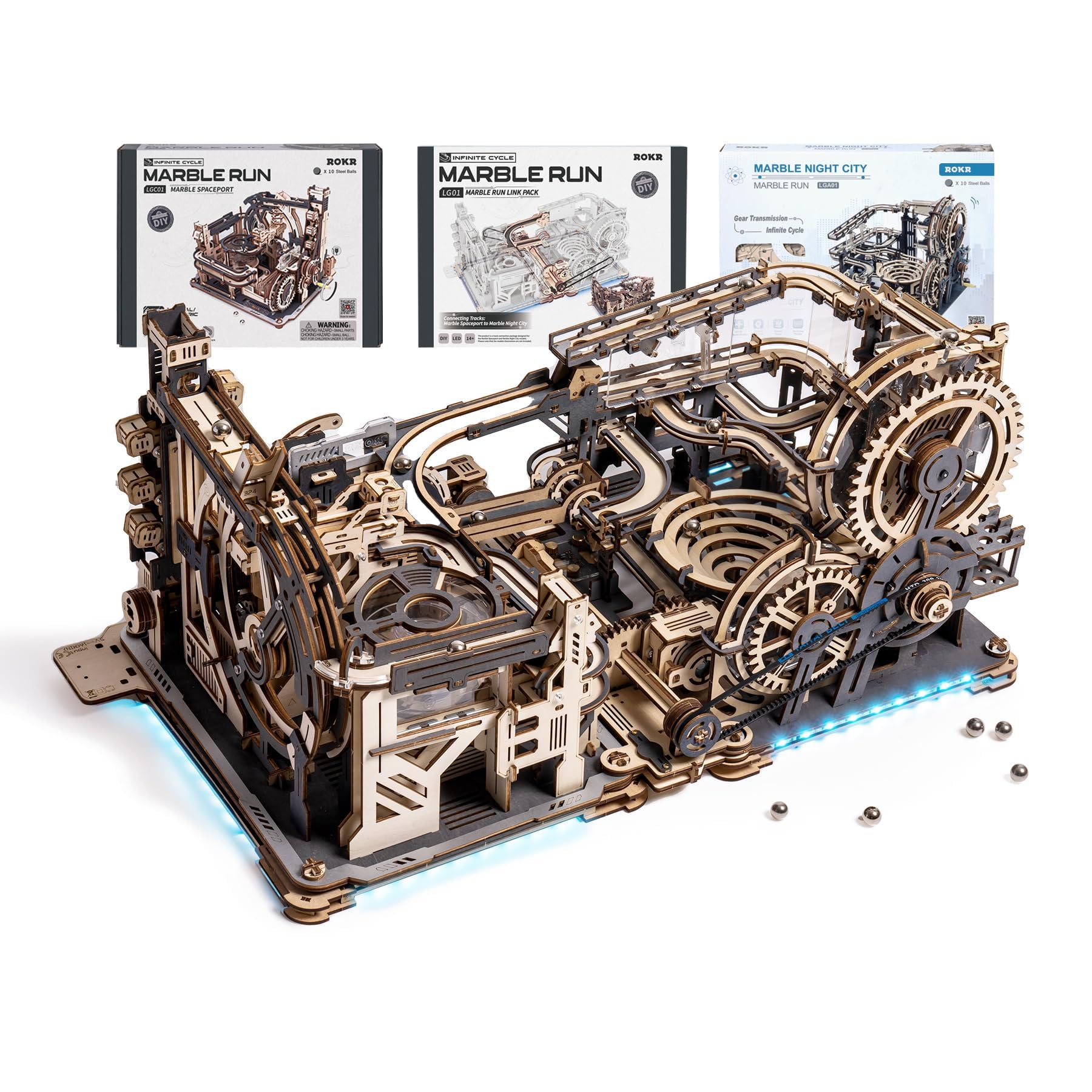

ROKR 3D Электрическая шариковая трасса LGC01 LGA01 с соединительными подвижными механическими деревянными 3D-конструкциями, DIY, образовательный подарок на Рождество, головоломка, и детали, 3 детали