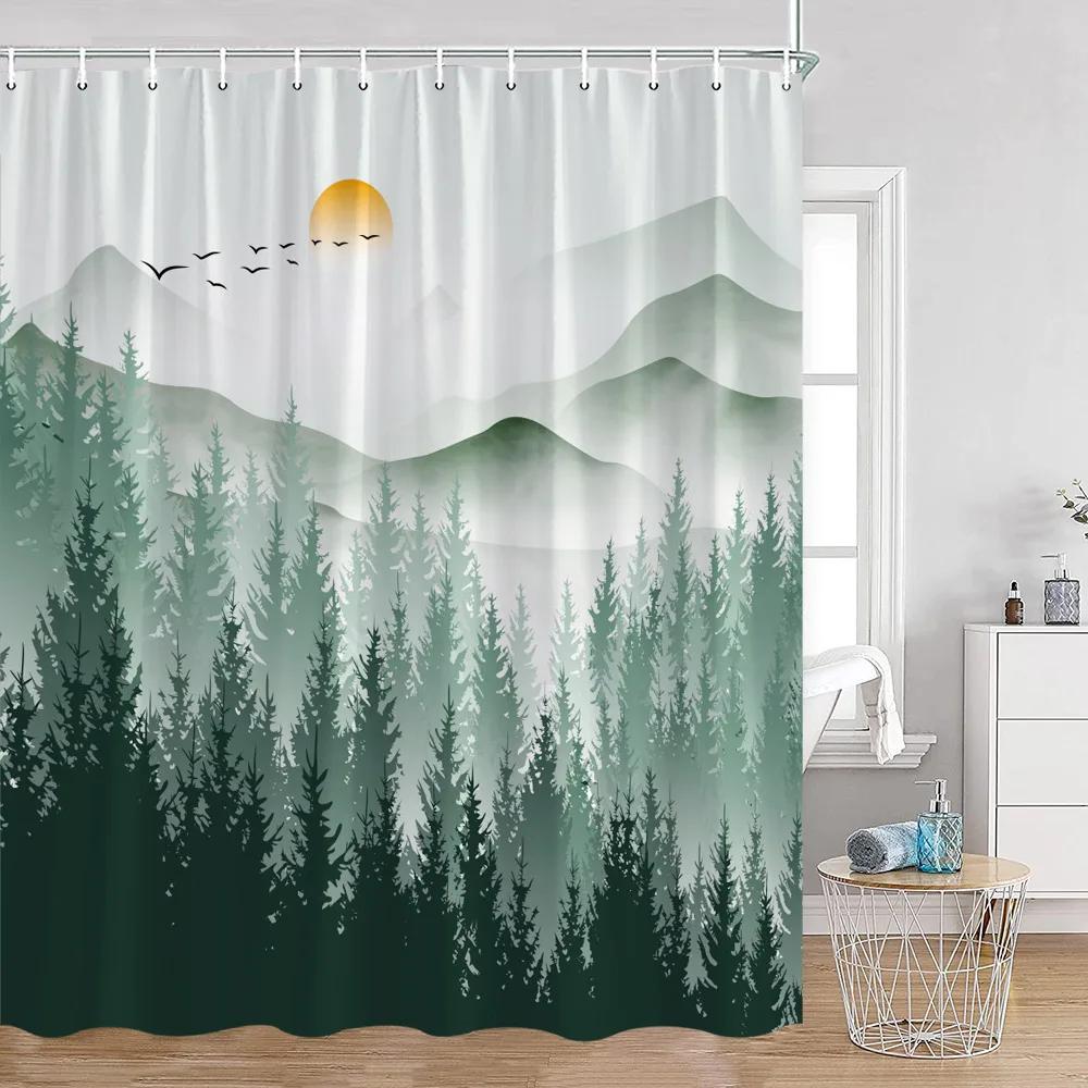 Duschvorhänge mit nebligen Wäldern, verschneite Kiefern, grüne Wälder, Naturlandschaft, minimalistisches Badezimmerdekor, moderner Badevorhang aus Polyester