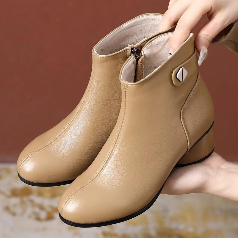 

Мягкая кожа короткие ботинки женские 2025 осень и зима новые огромный удобный толстый каблук средний каблук весна и осень одинарные ботинки мягкая подошва бархат т 40 светло-желтого