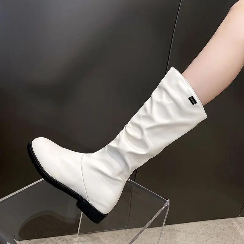 Fashion Waterproof White Flat Mid Calf Shoes Woman Large Size Warm on Promotion Y2k Pu Work Quality Boot Gyaru Half High Boots for Women
