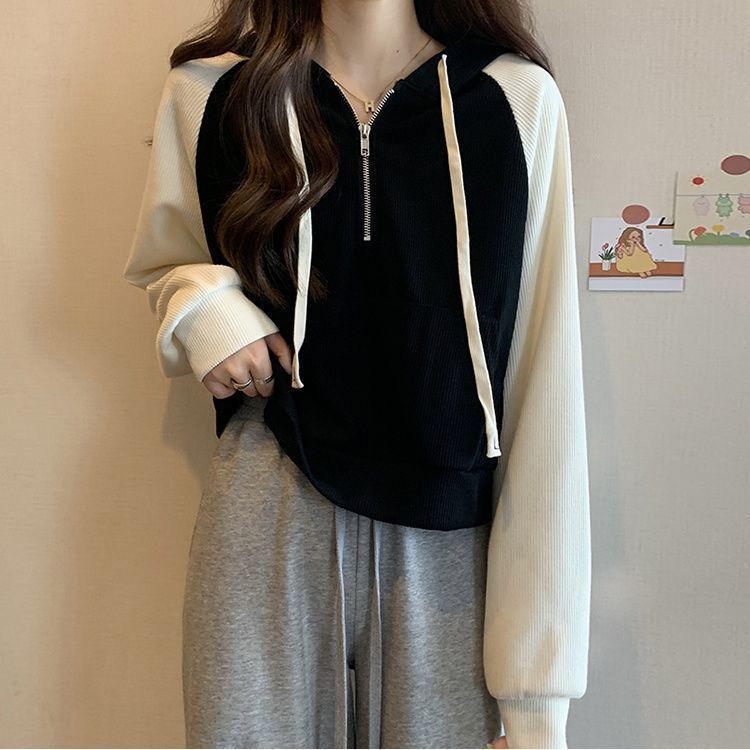 Plus Size Women's Color Block Hoodie with Patchwork Raglan Sleeves - Autumn/Winter 2025 Korean Style Zippered Hooded Top