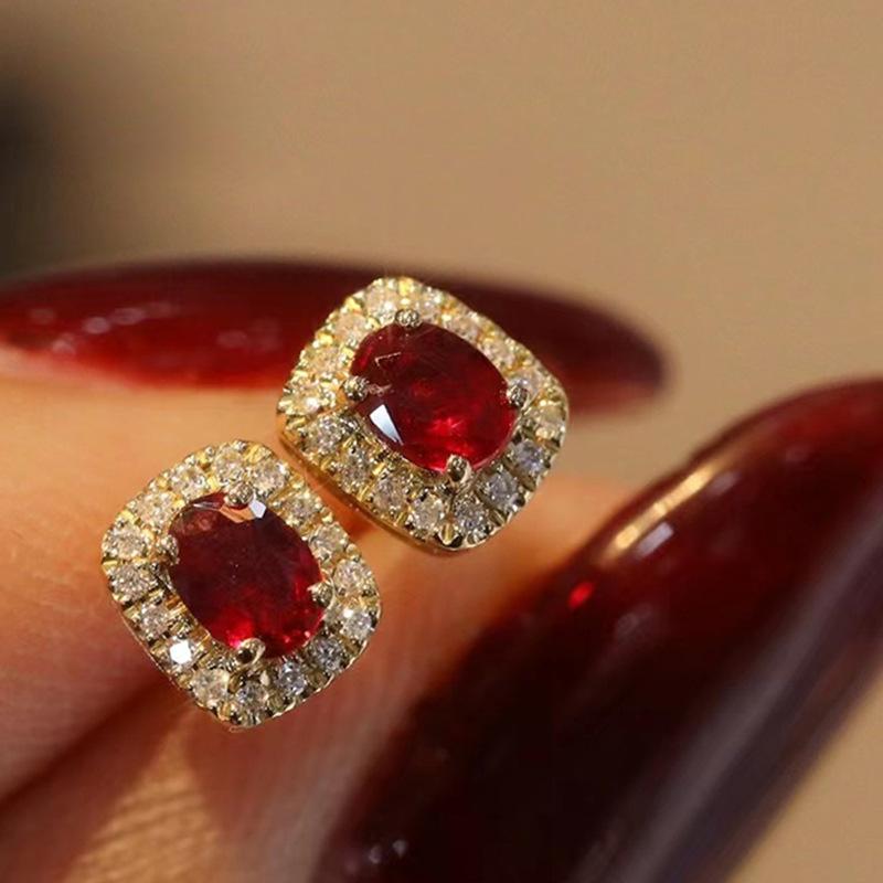 Earrings, Vintage Hepburn Style Imitation Red Corundum Zircon Stud Earrings, Luxury Anniversary Accessories