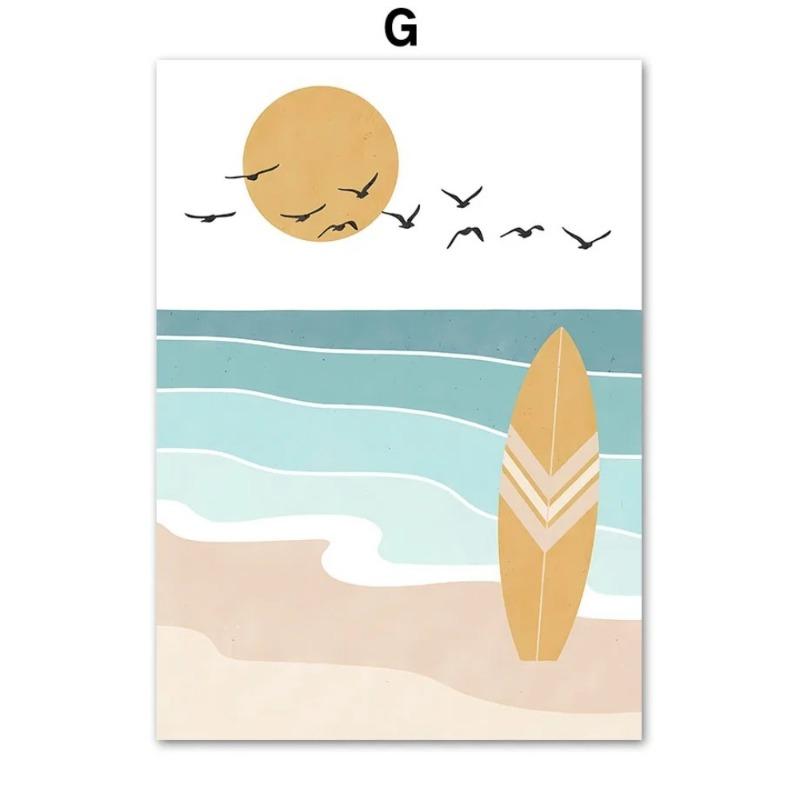 Abstrakte minimalistische Meer Strand Surfbrett Berg Poster Wandkunst Leinwandmalerei Wand für Wohnzimmerdekor