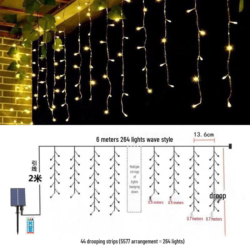 Solar LED Color Waterfall Curtain Lights - Outdoor Waterproof Decorative Christmas Icicle Lights