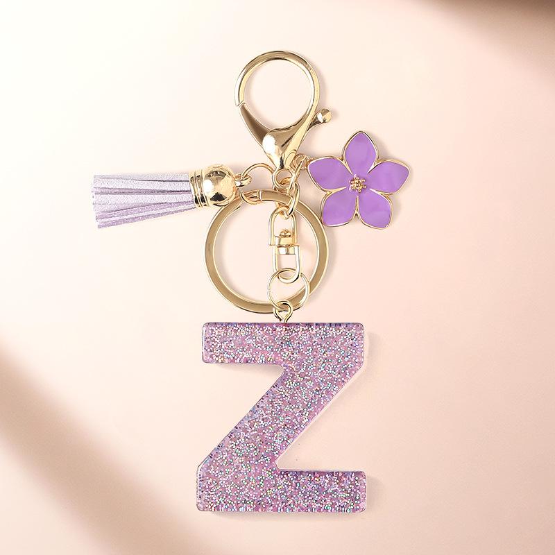 Flash Powder 26 English letters, diy, Resin keychain, purple flower, pendant, bag pendant, keychain, Christmas gift, Stocking stuffers