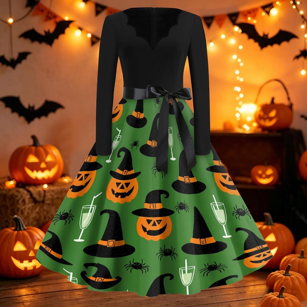 Women Casual Vintage Halloween Dress V Neck Long Sleeve Belted Waist Retro Printed Midi Dress for Autumn and Party