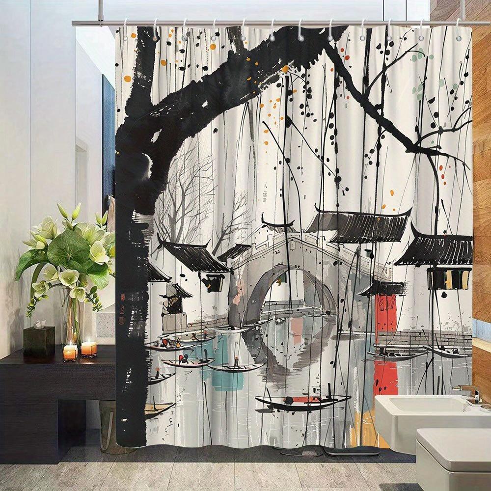 1pc Chinese Landscape Shower Curtain Ink Painting Bridge View Bathroom Decor Polyester Fabric with 12 Hooks