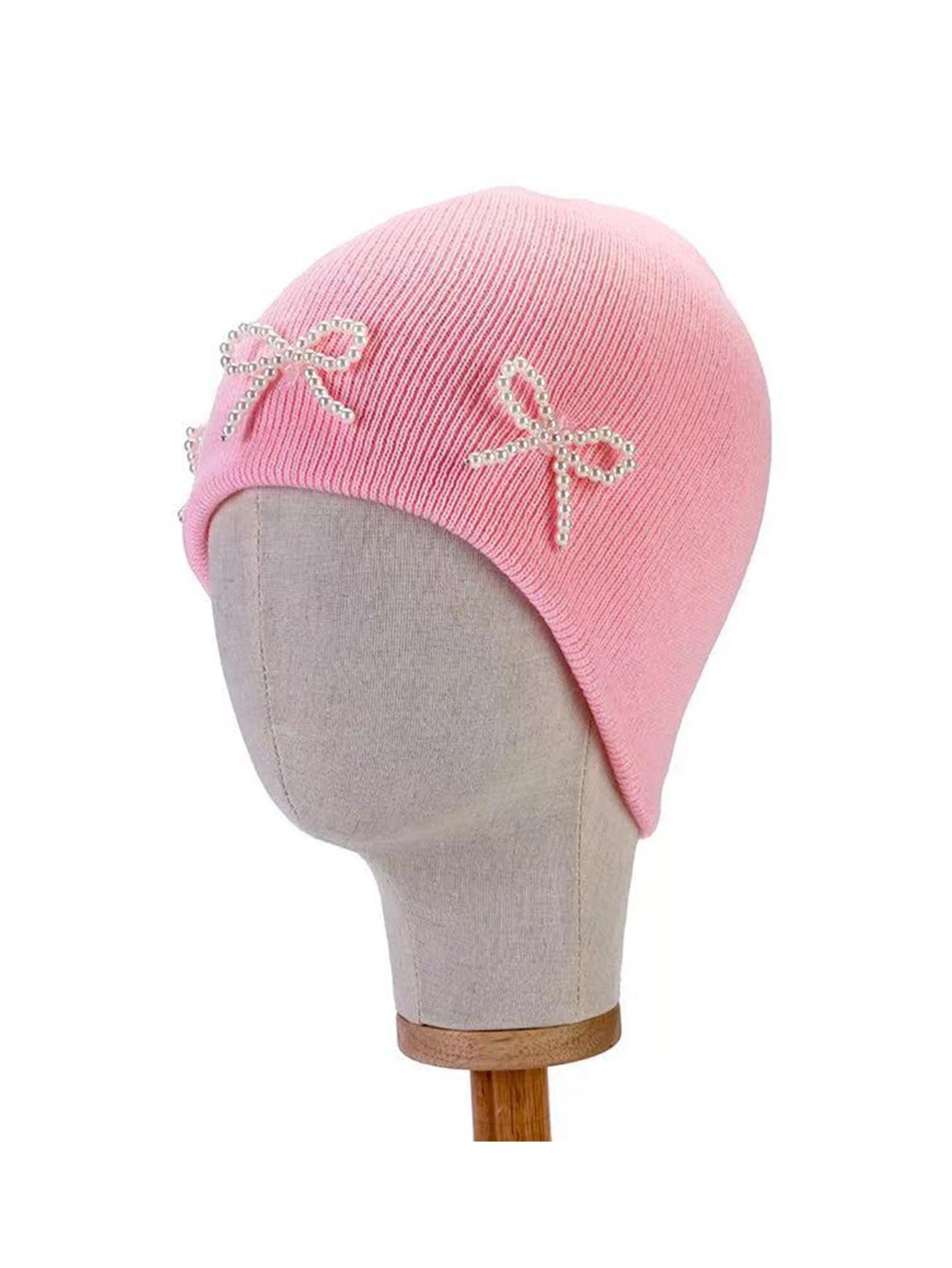 

1PC Winter Pearl Bow Knitted Hat Korean Outdoor Leisure Hoodie Warm Ear Protection Knitted Skullies Beanies Bonnets for Women One Size