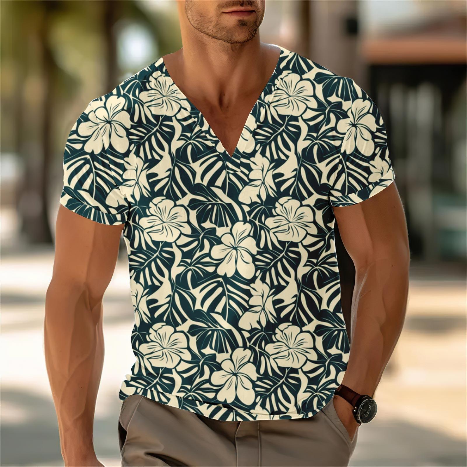 Men S V-Neck Casual Short Sleeved Loose Casual Fashionable Vacation Top L