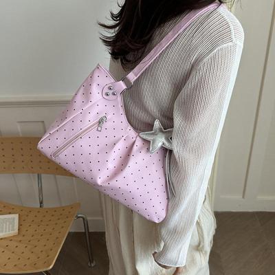 Vintage Pu Tote Bag Casual Students Purse 2026  Large Capacity Shoulder Bag Polka Dot Zipper Commuting Handbag For Women