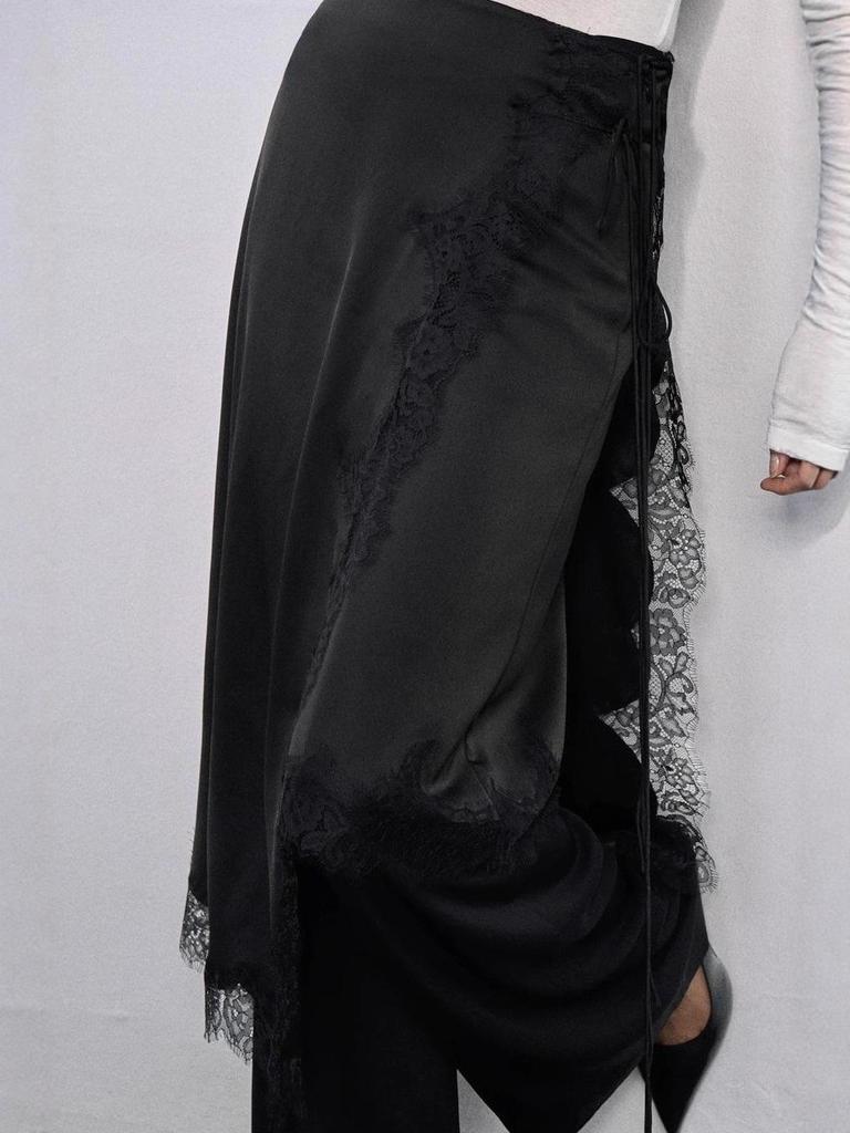 European & American Asymmetrical Lace Satin Skirt with Side Bow